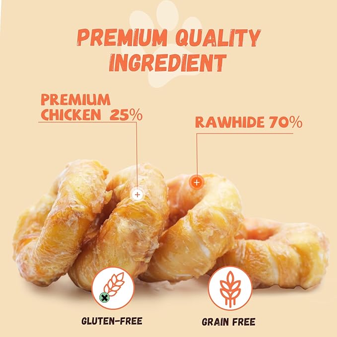 Dog Treats Large Breed, Chicken Wrapped Rawhide Donut Rings, Rawhide Dog Chews Long Lasting, Grain Free Training Snacks with Taurine for Medium Large Dogs, 4 Counts