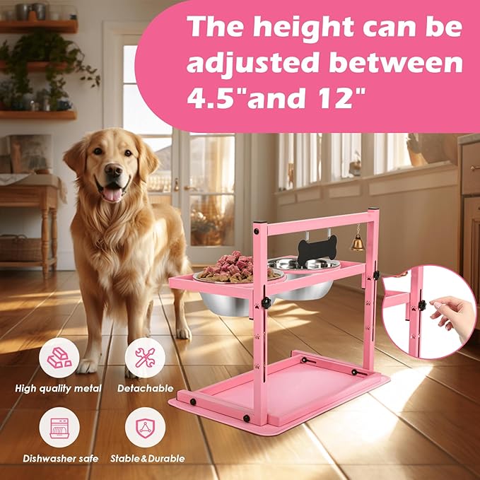 SHAINFUN Pink Elevated Dog Bowl Stand with Two 1700ml Stainless Steel Food Bowls, Slow Feeder and Spill Proof Mat, Adjustable Feeder for Large, Medium and Small Dogs