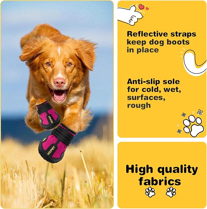 Hcpet Dog Shoes, Dog Boots for Small Dogs, Waterproof Medium Dog Booties Paw Protector for Summer Hot Pavement, Winter Snowy Day, Outdoor Walking, Indoor Hardfloors Anti Slip Sole Pink Size 4