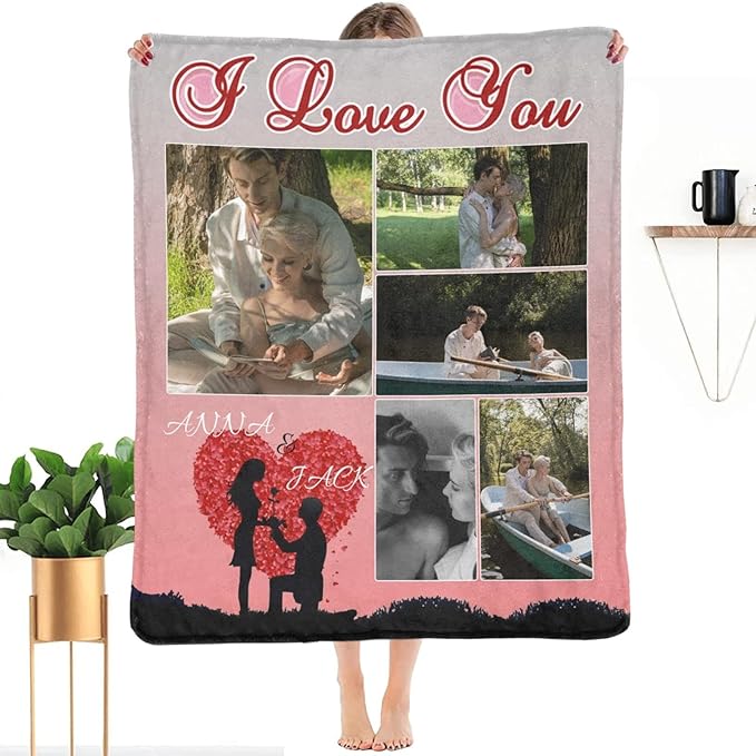 Custom Valentine's Day Blanket with Picture Photo Name, Make a Customized Collage Blankets Gift for Lover, Personalized Throws Blanket to My Wife Husband Souvenir 5 Photos Made in USA