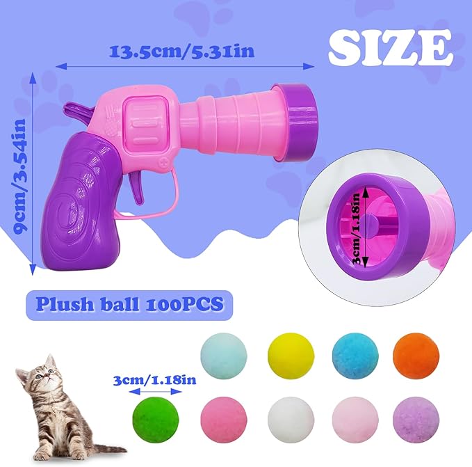 Andiker Cat Toy Balls Set, 30pcs Plush Cat Pom Pom Balls&a Plastic Launcher Set for Kitten Catch&Fetch Interactive Cat Toy with Colorful&Soft Cat Balls for Indoor Cats to Keep Fit (Pink 100balls)
