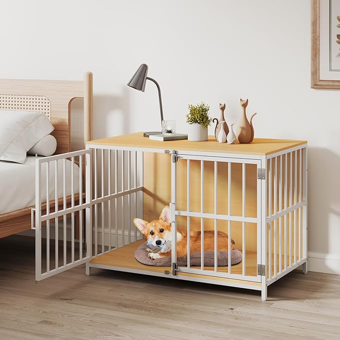 PETSITE 40 Inch Modern Dog Crate Furniture, Heavy Duty Wooden Dog Kennel with Double Lockable Doors, Decorative Dog Cage End Side Table for Small and Medium Sized Dogs (Natural)