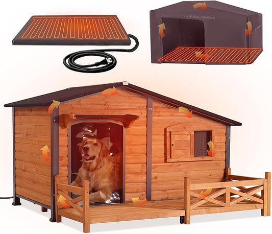 GUTINNEEN Extra Large Heated Dog House Insulated Dog Kennel Weatherproof Dog Shelter with Safe Heating Pad, Insulated Liner, Chew-Proof Metal Frame for Large Dog Breeds, 60.3" L x 50.3" D x 35.4" H