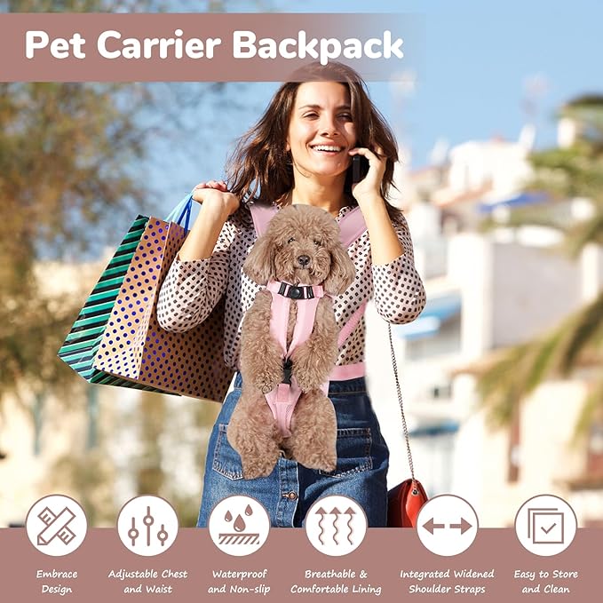 Pet Carrier Backpack, Adjustable Front Dog Carrier, Legs Out Dog Chest Carrier, Waterproof Dog Back Pack for Small Medium Dogs Cats Puppies and Rabbits Hiking Camping (Pink, Small)