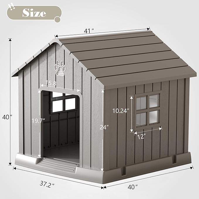 Dog House Outdoor Indoor - Waterproof, Ventilated, Easy to Clean, Elevated Floor for Small-Large Dogs, Easy to Assemble (Grey, 37.2" L x 40" W x 40" H)