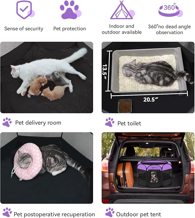 Dog Cat Playpen, Puppy Pet Playpen, Small Dogs Tent Crates Cage Indoor/Outdoor, Portable Pop Up Dog Kennel Playpen with Carrying Case for Dogs/Cats/Rabbits,Purple