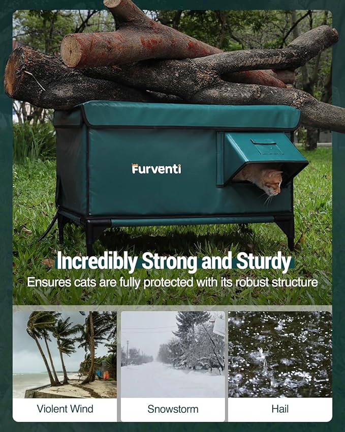 Heated Cat House for Outside,Dual Camera Mounts,100% Weatherproof & Extremely Insulated,Elevated Feral Cat Shelter with Escape Door,Waterproof Eaves for Outdoor Stray Barn Cat(Dark Green, XL)