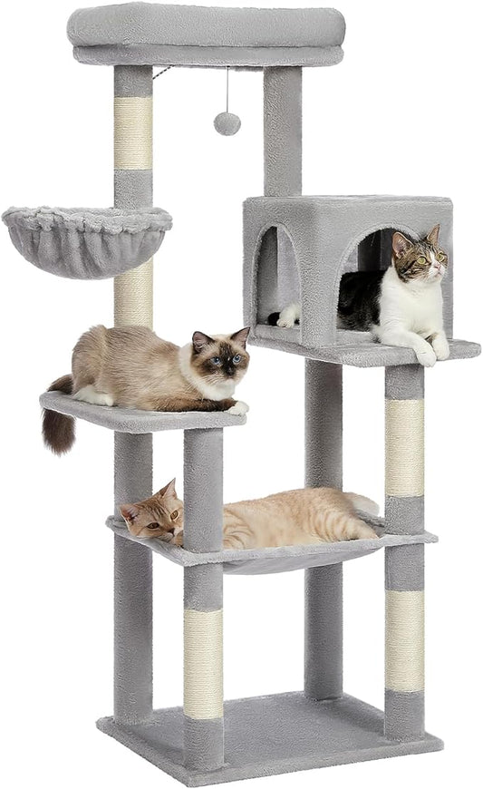PAWZ Road Cat Tree, 56 Inches Tower Condo with Large Top Perch & Hammock, Cat Tower with Scratching Posts for Indoor Cats，Gray