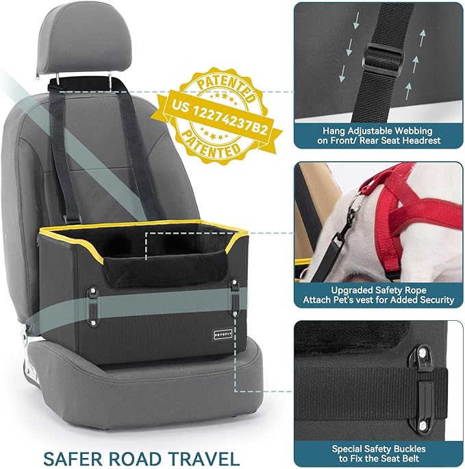 PETSFIT Small Dog Car Seat – Patented Safety Buckles – Safety Tether – Foldable Travel Dog Booster Car Seat Reduces Anxiety & Road Trips – Stable Frame, Soft Cushion, Fits Front/Back Seat