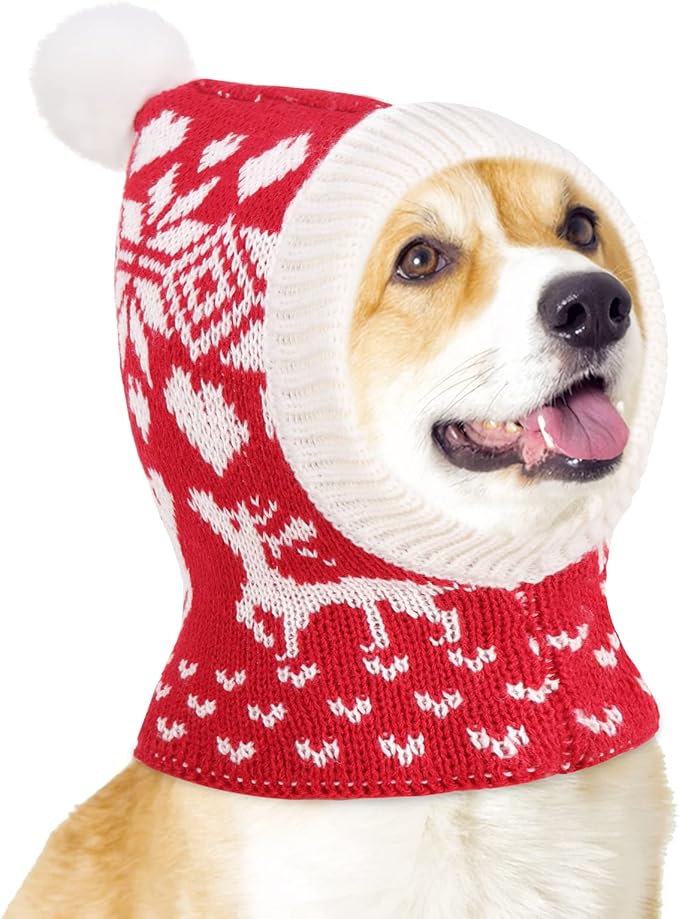 Pawaboo Christmas Pet Hat for Dogs, Funny Knitted Xmas Cap with Pom-Pom, Crocheted Snood Winter Warm Ear Flap Hat, Neck Warmer Hood Scarf for Medium Dogs, Party Decoration Gift, M, Xmas Elk Red