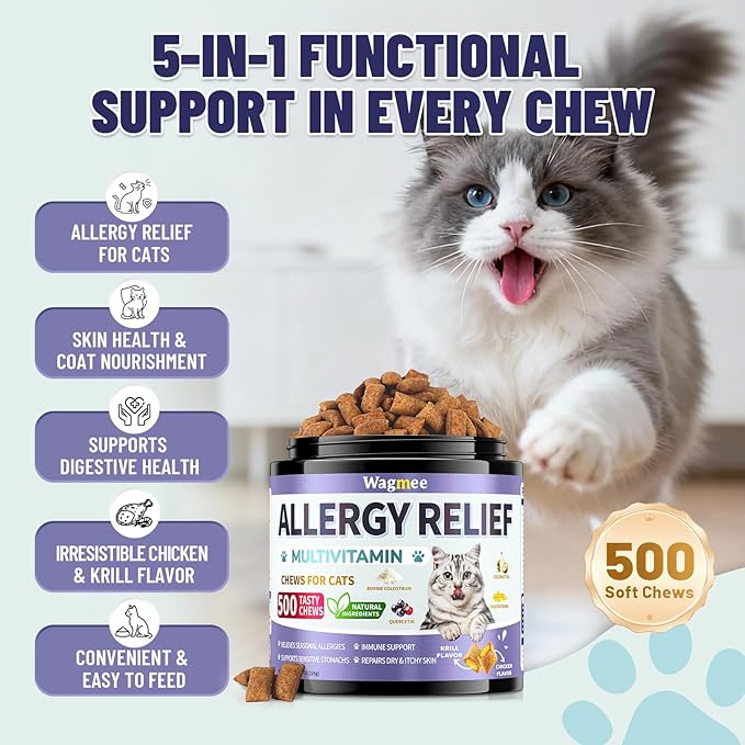 Cat Allergy Relief Chews – 500 Crunchy & Creamy Treats for All Breeds – Cat Itchy Skin & Seasonal Allergy Relief with Multivitamin and Omega-3 for Skin Health, Chicken & Krill Flavor
