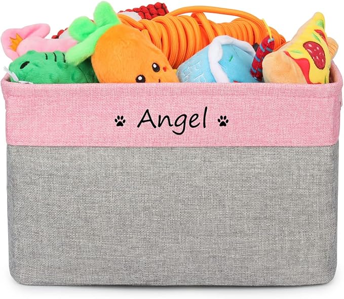 Personalized Dog Toy Bin , Foldable Dog Toy Basket Storage with Handles , Customized Name and Paw Print Pet Toy Box for Organizing Food Clothes Blanket and Pets Accessories(Black Gray)