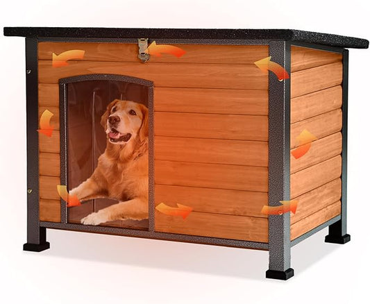 GUTINNEEN Large Outdoor Insulated Dog House Weatherproof Dog Kennel Indestructible Dog Shelter with Chew-Proof Full Metal Frame, Openable Roof for Small to Large Dog Breeds (33.5"L x 22"W x 25.2"H)
