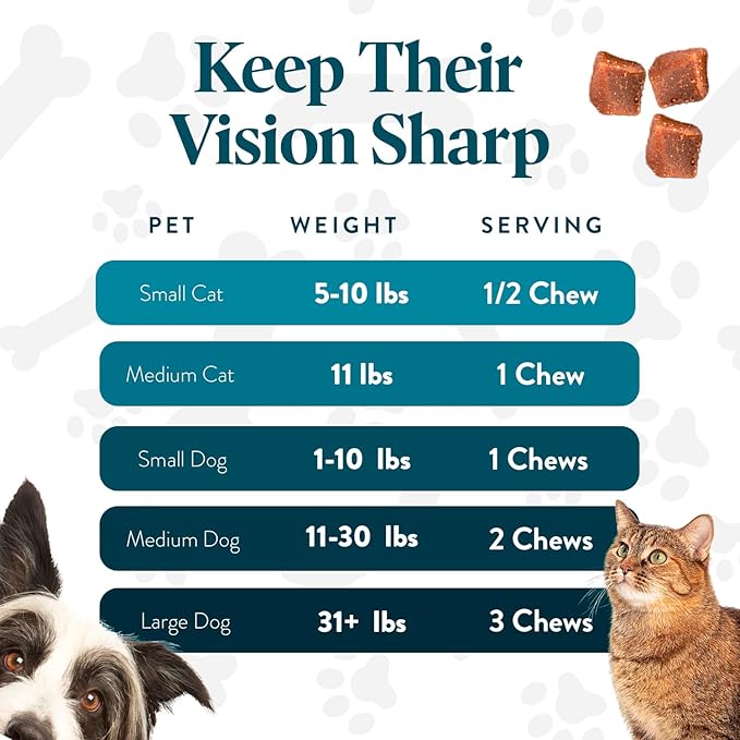 Vision Chews Eye Supplements for Dogs & Cats with Omega 3 Krill, Astaxantin, Choline, Lutein, Glutathione, Cat Vision Supplement & Dog Eye Supplements, Chicken Liver Flavor, 60 Chews, 3.5g Each
