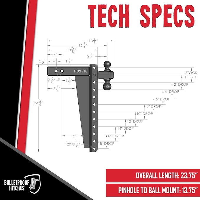 BulletProof Hitches - 2.5" Adjustable Heavy Duty Trailer Hitch (22,000 lb. Rating) - 18" Drop/Rise Trailer Hitch with 2" & 2-5/16" Dual Ball - Powder Coat, Solid Steel, Corrosion-Resistant