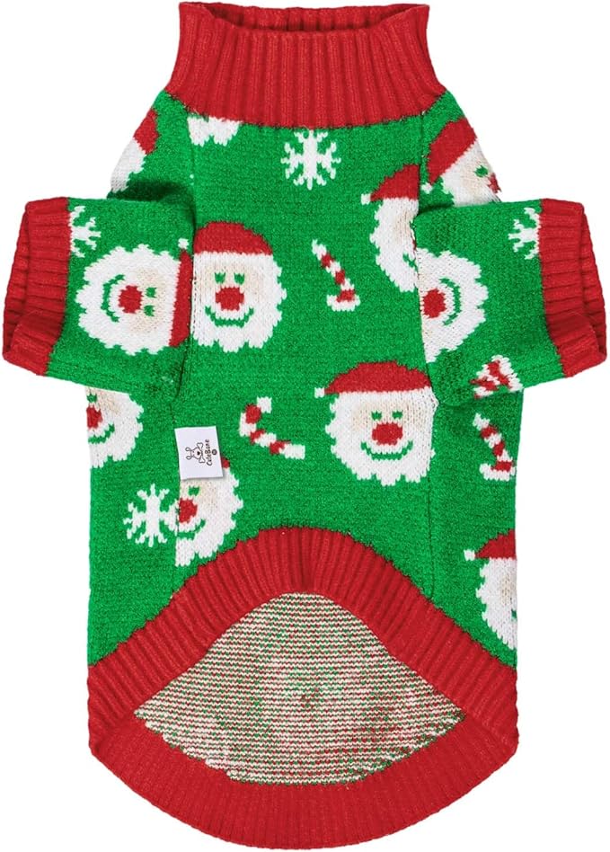 CuteBone Christmas Green Dog Sweater for Small Dogs Santa Claus Knit Turtleneck Pet Winter Clothes Cat Apparel with Harness Hole