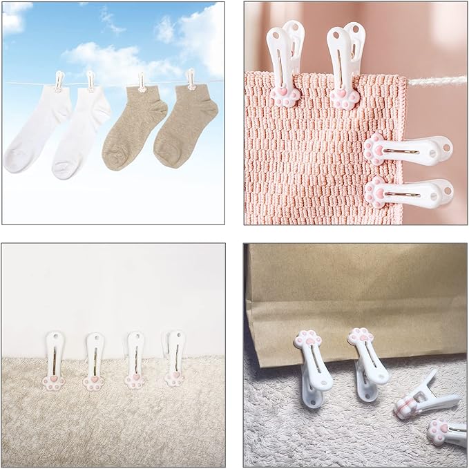 Plastic Clothespins Laundry Clothes Pins-12 Pack, Traceless Clothes Pegs, Bag Clips, Food Package Clip, with Cute Cat Claw Pattern