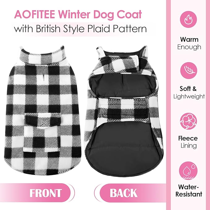 AOFITEE Dog Coat Plaid Dog Winter Coat for Small Dogs, Warm Dogs Jacket Christmas Sweater, Waterproof Pet Puffer Jacket, Reversible Pet Cold Weather Coats for Small Medium Large Pets, Black M