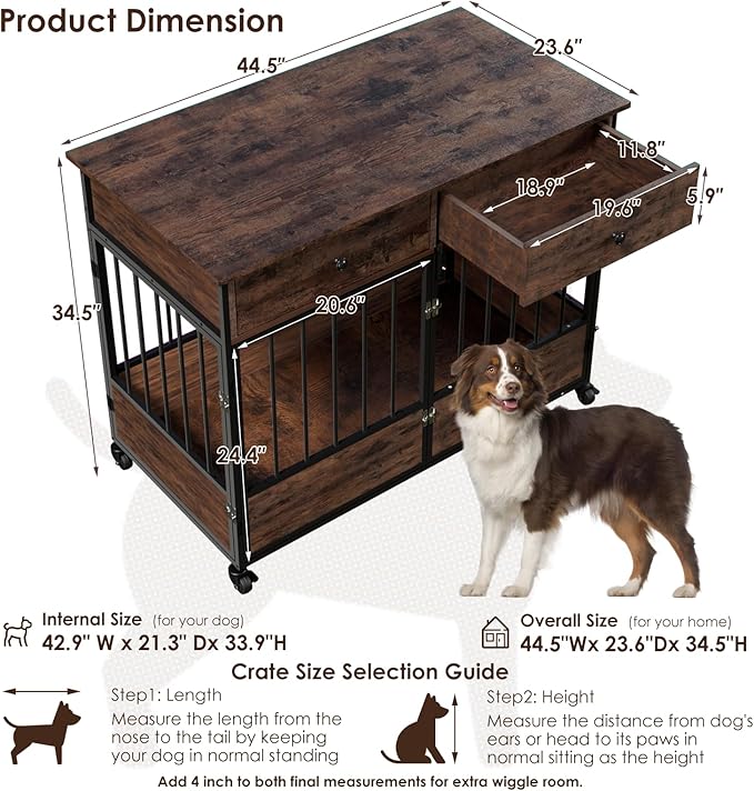44.5" Dog Crate Furniture, Wooden Dog Kennel with Storage Drawers, Large Dog Cage with Wheels, Heavy Duty Wooden Dog Crate End Table with Steel Tubes for Big Breed