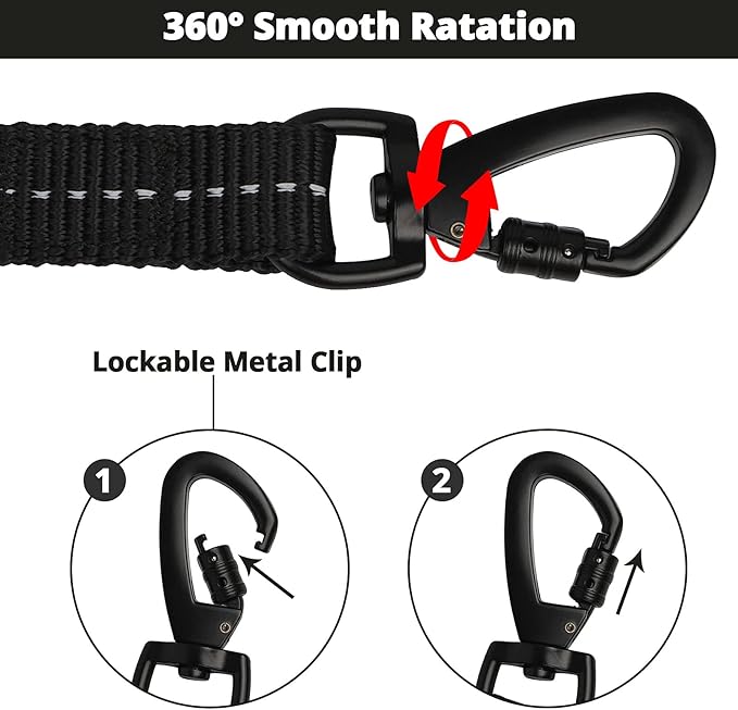 Rope Dog Leash 5 FT: Heavy Duty Leashes with Swivel Lockable Hook Reflective Threads Bungee and Padded Handle - Dog Lead for Large Small Medium Dogs Outside Walking Hiking Black