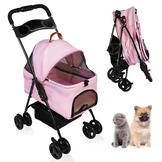 2 in 1 Pet Stroller, Detachable Dog Stroller, Portable Pet Cart w/ 4 Wheels, Cup Holder for Small Dog/Cat, Foldable Waterproof Jogging Travel Carrier Cart, Pink