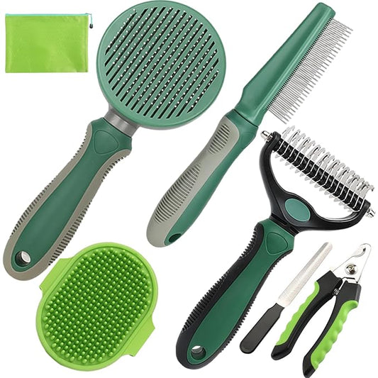Pet Grooming Kit - 7 PCS Green Deshedding Brush Set with Undercoat Rake, Slicker Brush, Bath Brush & Nail Clipper for Short & Long-Haired Dogs and Cats