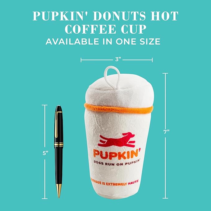Haute Diggity Dog Pupkin' Donuts Hot Coffee Cup Plush Dog Toy for Small, Medium & Large Dogs, Interactive Funny Parody Squeaky Toys, Soft, Durable, Machine-Washable, Safe & Cute Birthday Gift for Dogs