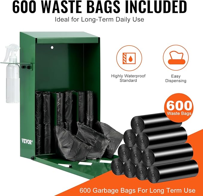 VEVOR Dog Poop Bag Dispenser with Hand Wash Bottle, Lockable Outdoor Dog Waste Bag Holder with 600 Waste Bags, Stake, Pole, Fence & Wall Mounted Dog Poop Bag Storage, Pet Waste Station for Porch, Lawn