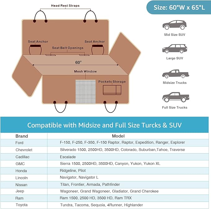 Lassie XL Truck Dog Seat Cover Back Seat with 2 Seat Belts, Dog Car Hammock for Large SUV and Trucks Compatible with F150 F250/Chevrolet Silverado/Ram Pickup/GMC Sierra/Toyota Tundra and Crew Cab