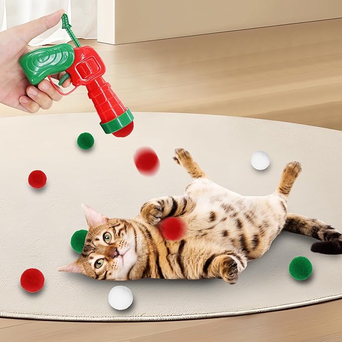 Andiker Cat Toy Balls Set, 30pcs Plush Cat Pom Pom Balls and a Plastic Launcher Set for Kitten Catch&Fetch Interactive Cat Toy with Colorful and Soft Cat Ball for Indoor Cats to Keep Fit (Green 30pcs)
