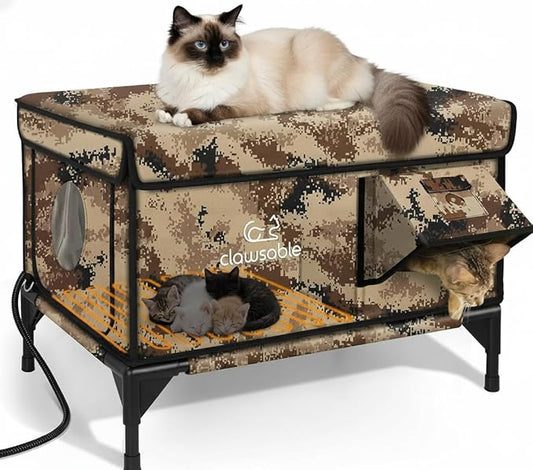 Indestructible Heated Cat House for Outside Winter, 100% Waterproof, Safe Escape Door, Insulated Outdoor Cat Shelter with Heater for Feral Barn Cat Kitty (Desert Camouflage, 24"x15"x18")