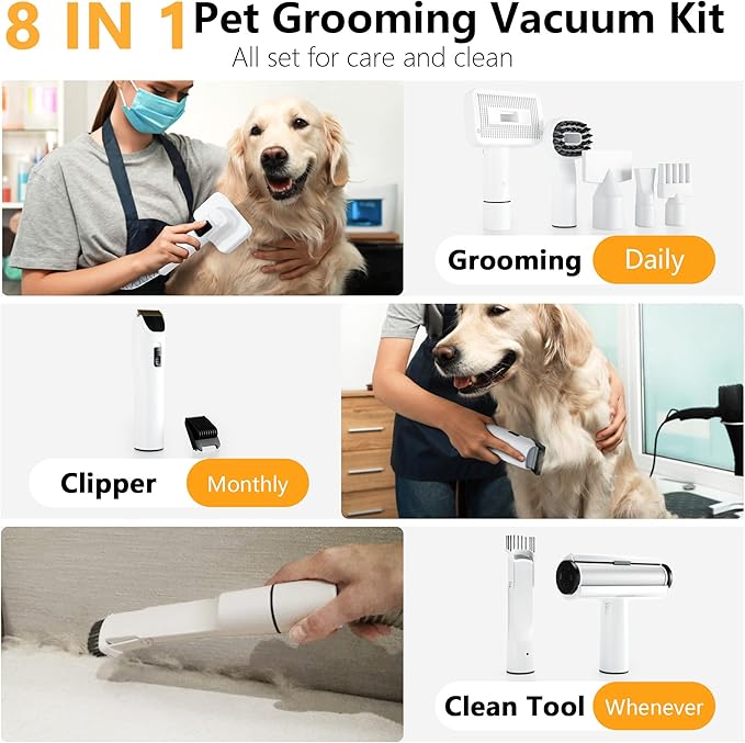 FOTING 8 in 1 Dog Grooming Vacuum & Dryer Kit, Dog Vacuum for Shedding Grooming with 3L Dust Cup, Touchscreen Adjustable Speed Temperature Control Clippers Brush, Pet Grooming Vacuum for Dogs at Home