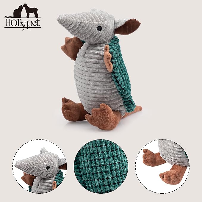 Hollypet Plush Dog Squeaky Toy Stuffed Armadillo Animal Pet Puppy Chew Toys with Clean Teeth for Small Medium Large All Breed Sizes Dogs, Deep Green, 10in