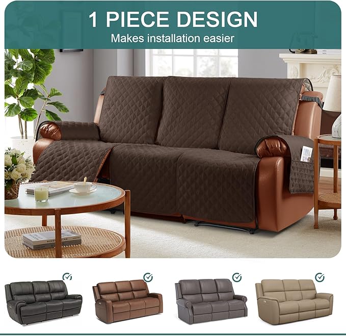 Ruaozz Waterproof Recliner Sofa Cover 1-Piece Couch Covers for Reclining Couches Reclining Sofa Cover Washable Furniture Protector with Elastic Straps Pocket for Kids, Pets (Dark Brown, 3 Seater)