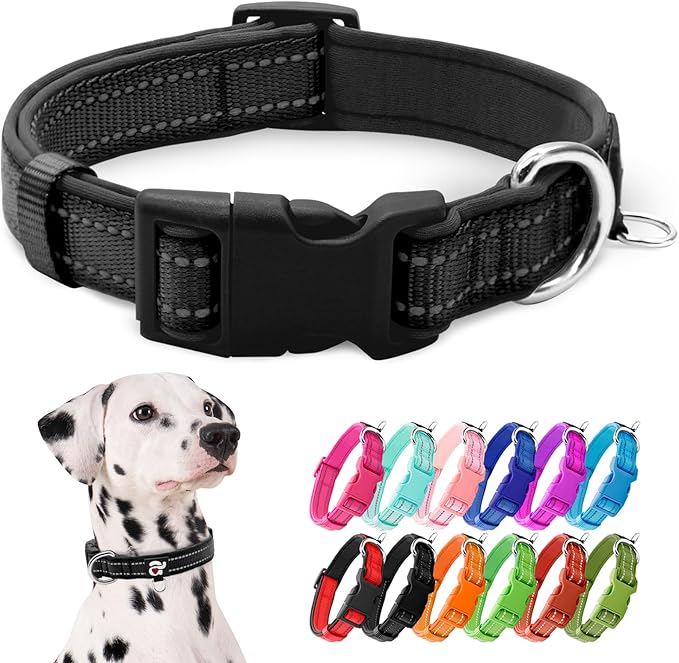azuza Reflective Dog Collar,Soft Neoprene Padded Pet Collar with ID Tag Ring,Adjustable for Large Dogs,Black,L