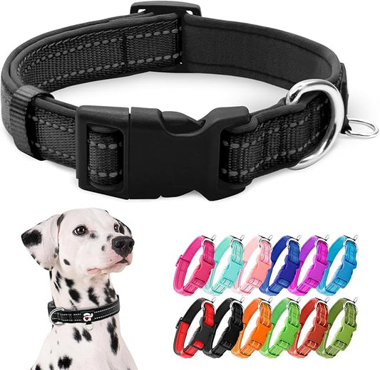 azuza Reflective Dog Collar,Soft Neoprene Padded Pet Collar with ID Tag Ring,Adjustable for Large Dogs,Black,L