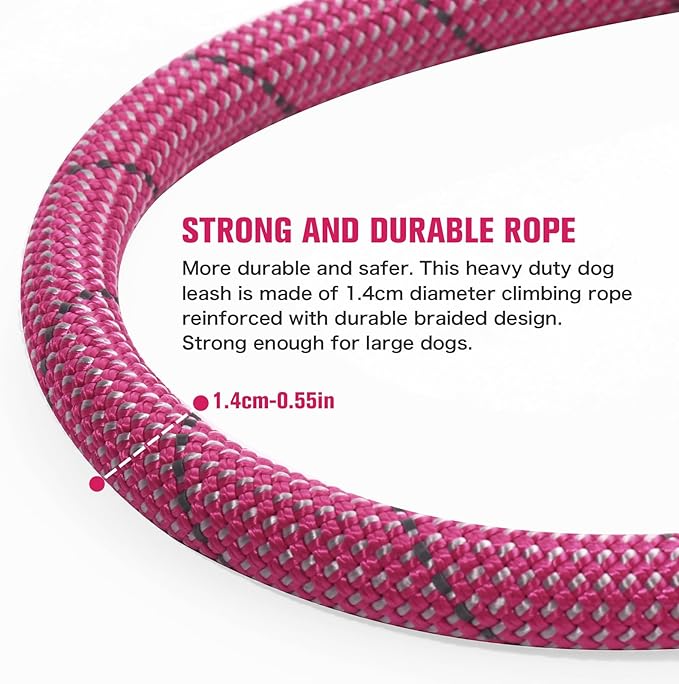 Nylon Rope Dog Leash Reflective, Handmade Braided Strong Dog Lead, Heavy Duty Rope Leash for Medium Large Dogs (5 FT - 3/5" Rose Red)