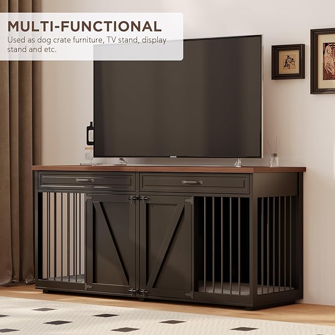 Dog Crate Furniture - Indoor Wooden Dog Kennel Furniture with 2 Drawers & Room Divider - 72" L x 23.6" W x 34" H - Black
