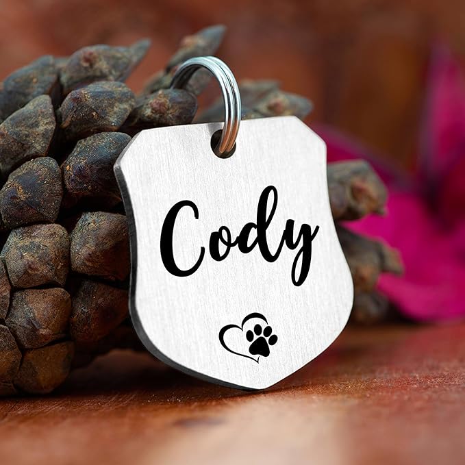 Ultra Joys Cat ID Tag Personalized Pet Tags, Durable Stainless Steel Small Pet Mini Dog Cat Tag Lightweight - Shield Tag in Silver