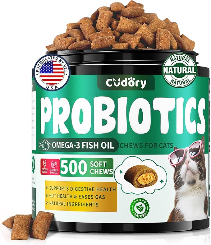 Cat Probiotics Tasty Chews for Digestive & Gut Support - Crunchy & Creamy Texture - Cat Gut Health, Constipation Relief, Healthy Stool, Natural Supplement for Cats, Chicken Flavor - 500 Chews