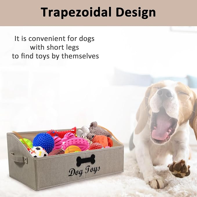Collapsible Dog Toy Box - Fabric Storage for Toys/Blankets/Leashes - Khaki Stripe