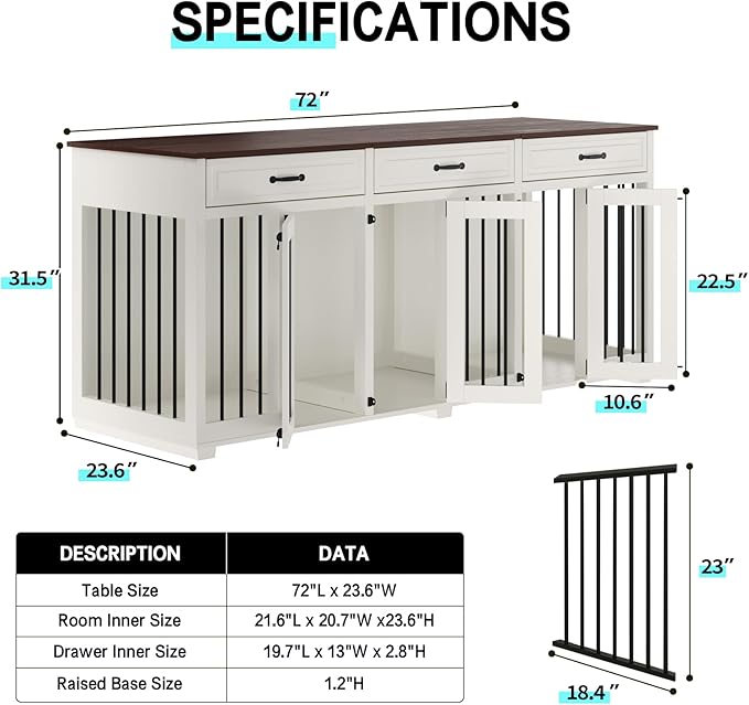 Dog Crate Furniture - Indoor Wooden Dog Kennel Furniture with 2 Dividers, 3 Drawers, and 3 Lockable Doors - 72"x23.6"x31.5"H, White
