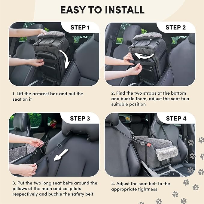 BurgeonNest Center Console Small Dog Car Seat - Portable Pet Cat Puppy Booster Armrest Carseat Up to 11lbs, Anti-Collapse Comfort Car Travel with Washable Fluffy Cushion and Pillow, Grey