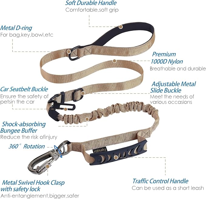Hotsky Tactical Dog Leash Heavy Duty for Medium Large Dogs That Pull,4-6Ft Strong Bungee Shock Absorbing No Pull Dog Leash with Padded Double Handle and Car Seatbelt,Khaki