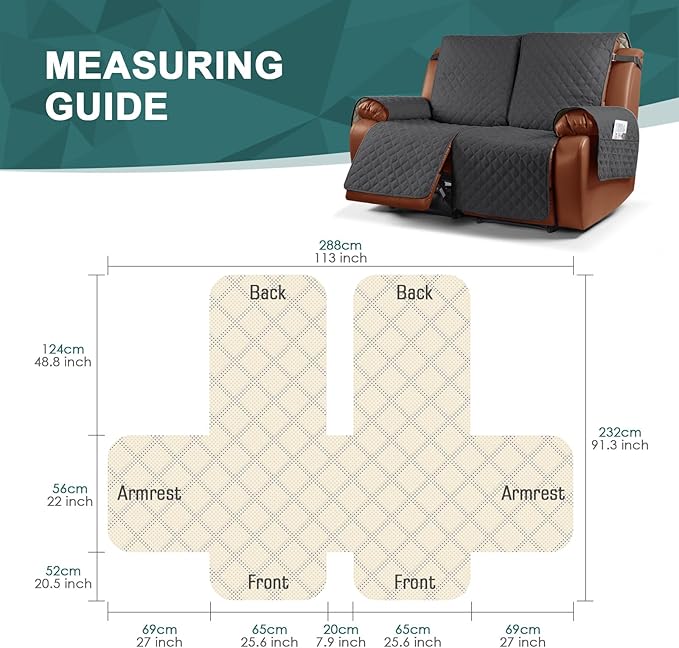 Ruaozz Waterproof Recliner Sofa Cover 1-Piece Couch Covers for Reclining Couches Reclining Sofa Cover Washable Furniture Protector with Elastic Straps Pocket for Kids, Pets (Charcoal Grey, 2 Seater)