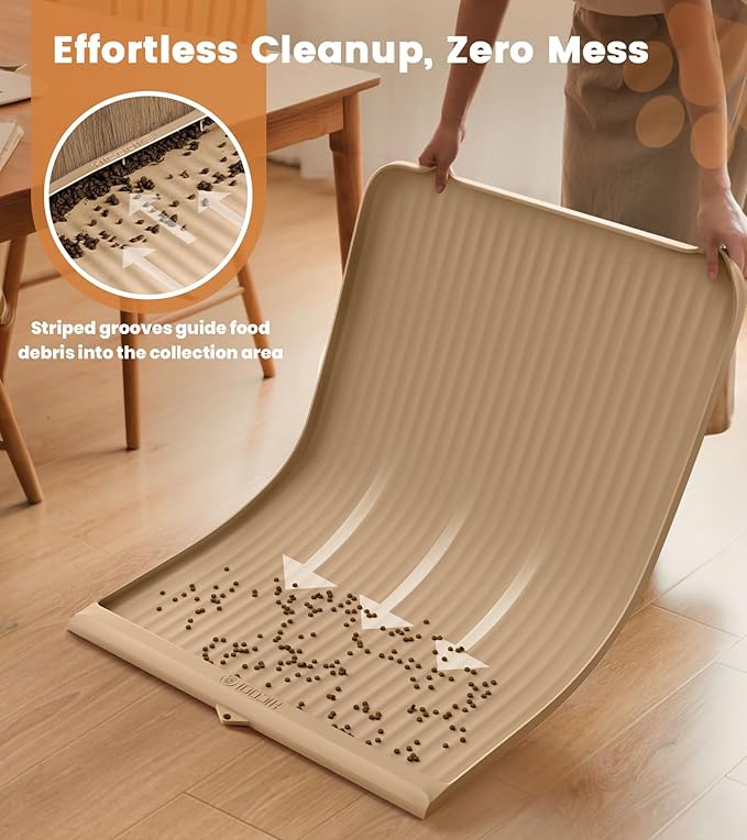 Dog Food Mat 36"x24", Waterproof Pet Feeding Mat with Diversion Grooves and Raised Edges, Large Non-Slip Dog Bowl Mat for Food and Water, Cat Food Mat for Floors, Easy to Clean, Khaki