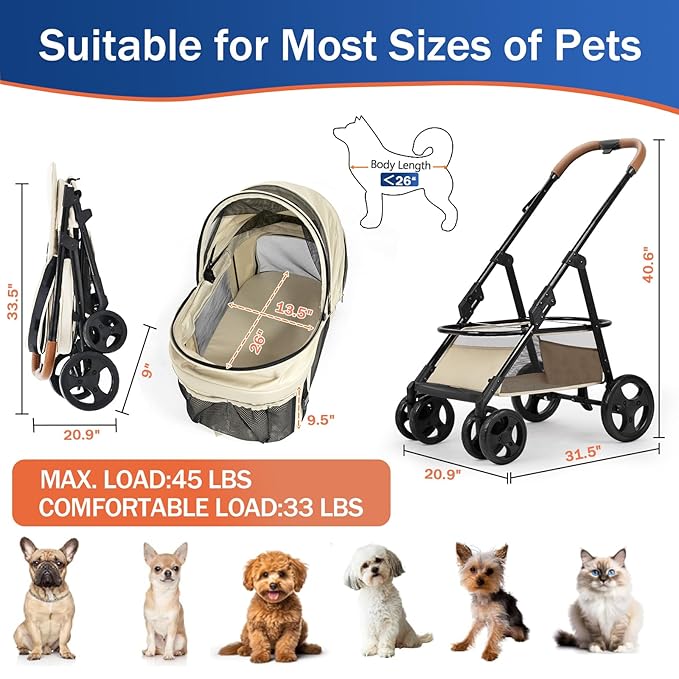 4 Wheels Pet Stroller for Small/Medium Dogs and Cats with Detachable Carrier and Storage Basket,One Click Folding, Compact Portable,3 in1 Multifunctional (Grey)