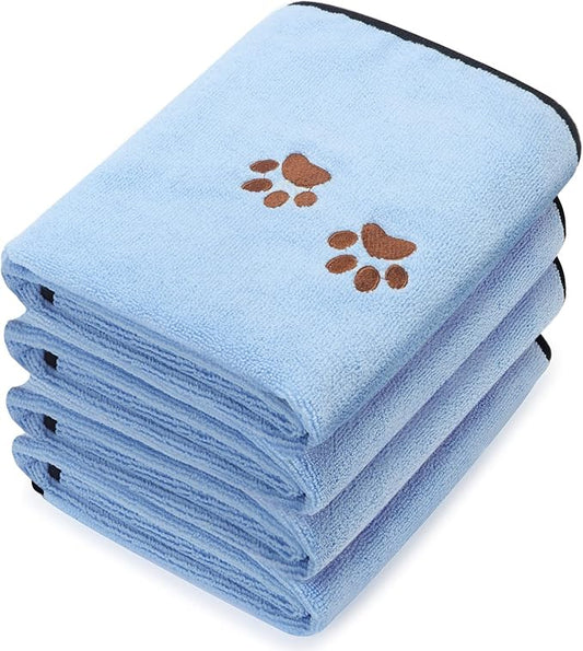 Tegeme 4 Pack Dog Towels for Drying Microfiber Soft Absorbent Pet Bath Towel Dog Drying Grooming Cloth with Embroidered Paw for Pet Cat Bathing Grooming(35 x 20 Inch,Blue)