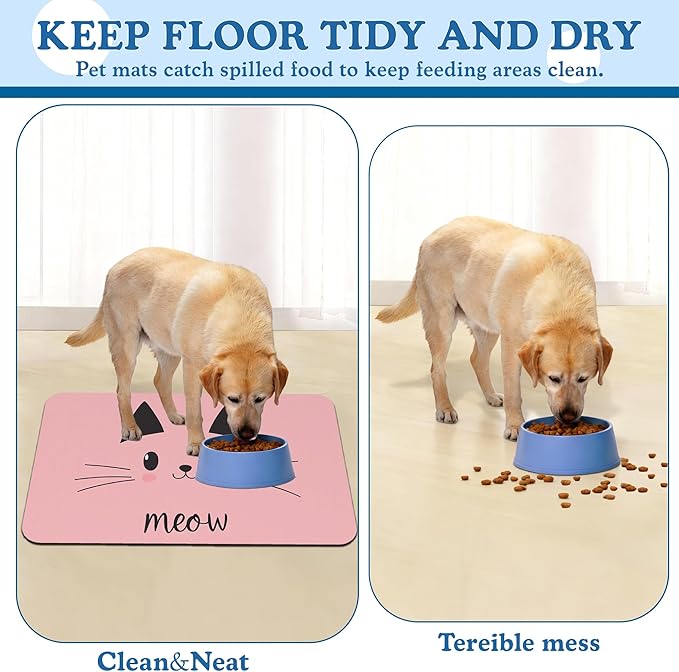 Pink Cat Dog Food Mat–Absorbent Quick Dry Feeding Placemat for Food and Water Bowls, Non Slip Rubber Backing, Waterproof Pet Supplies for Mess-Free Eating 12"x20"