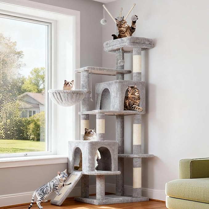 Hey-brother Cat Tree Tower, Sturdy Scratching Posts with Platform, Large Condos, Hammock, Removable Toys, Scratch Board, Multi-Level Furniture for Indoor Cats, 59.0 or 72.8 Inches, Light Gray MPJ055W